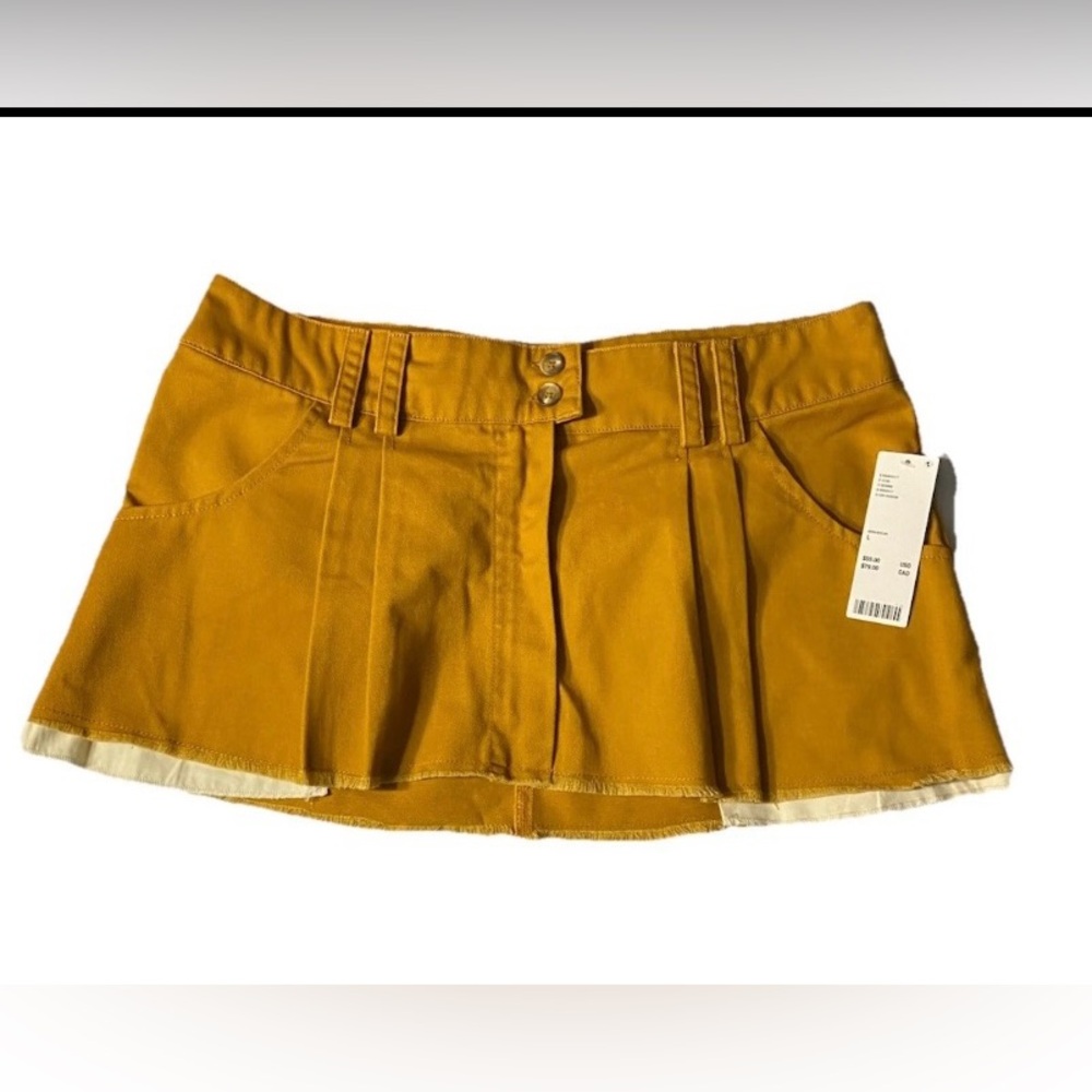 UO Women’s BDG Mini Skirt L Mustard Brown Pleated Cotton Raw Hem Y2K High Waist